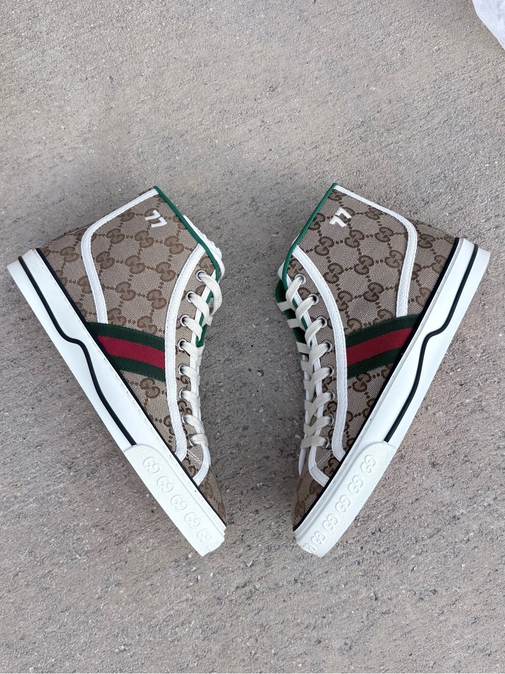 Gucci Brown GG Canvas High-Top Sneakers with Green-Red Stripe